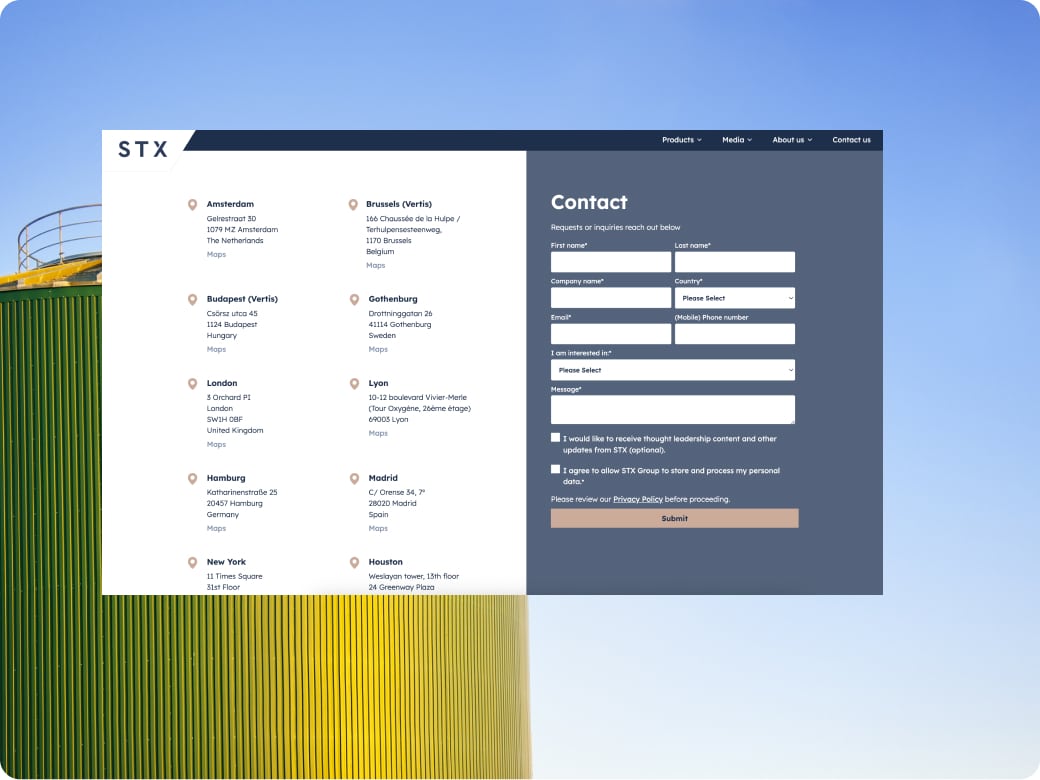 Screenshot van STX Group contactpagina