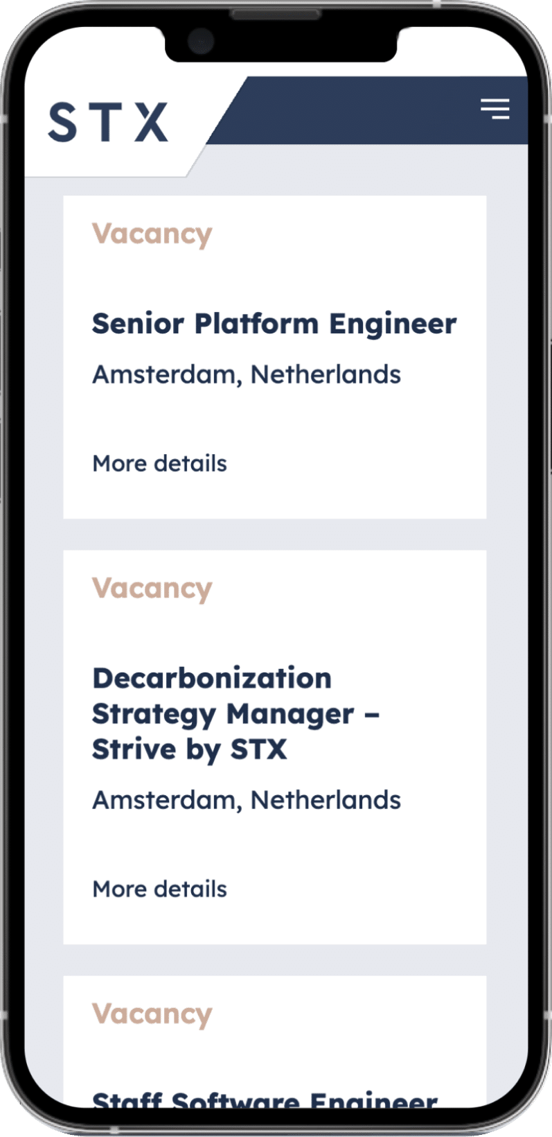 Screenshot van STX Group vacatures op mobiel