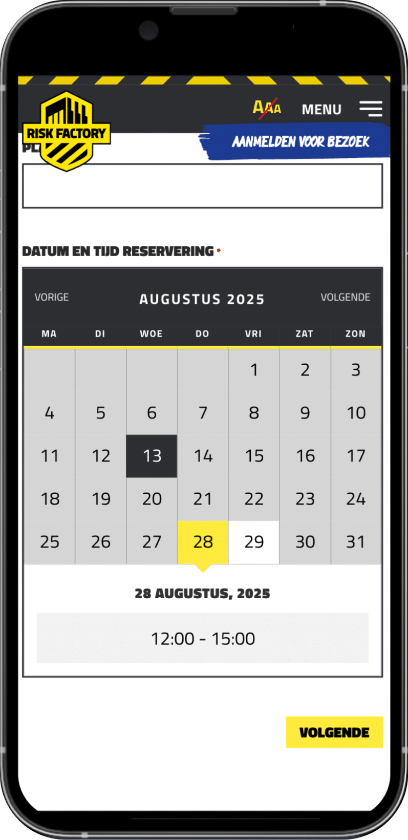 Risk Factory Reserveringsformulier Mobiel