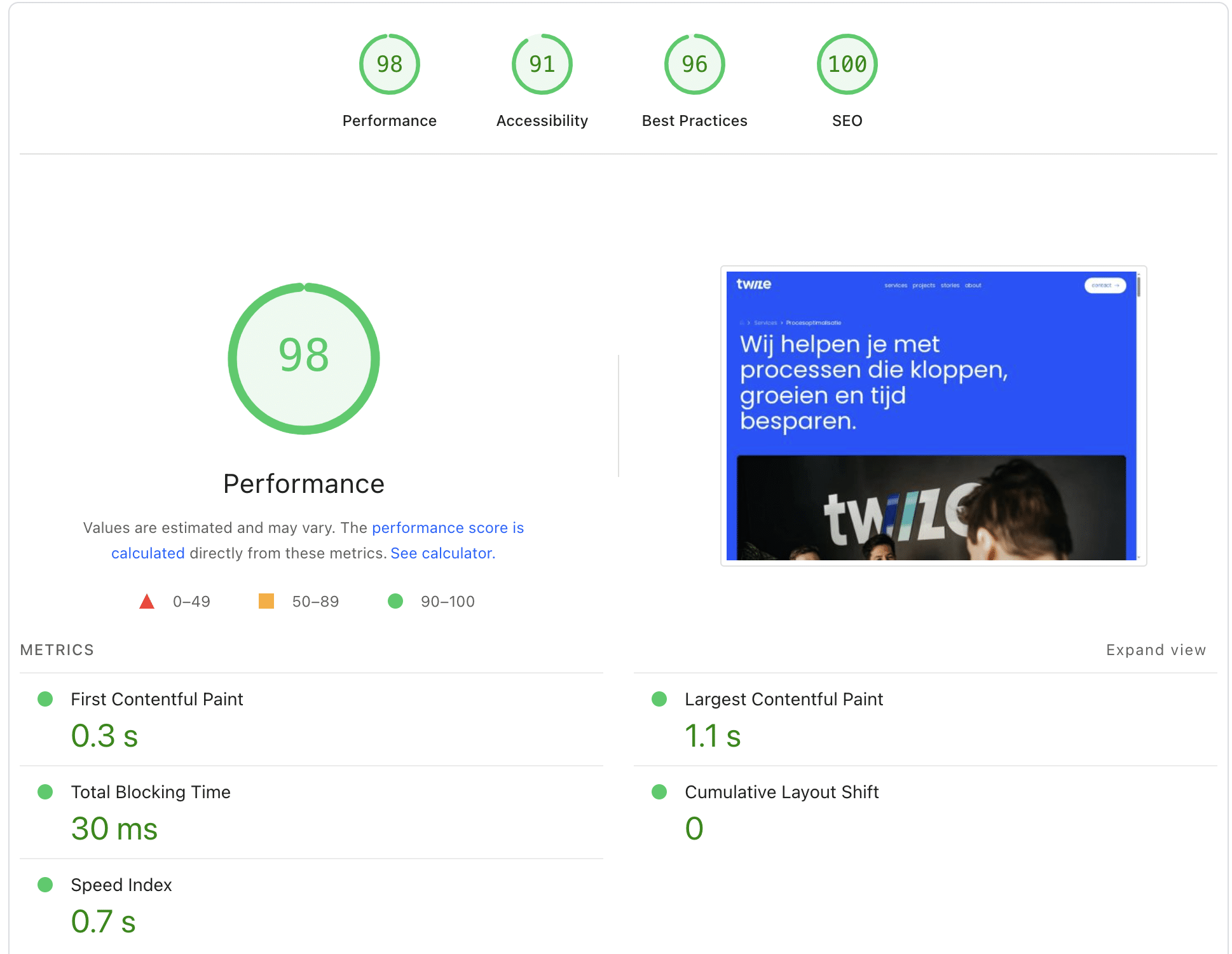 screenshot van pagespeed procesoptimalisatie