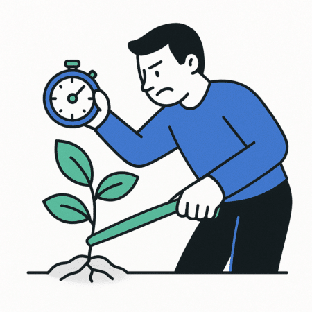 Demand generation - man trekt ongeduldig aan een plant