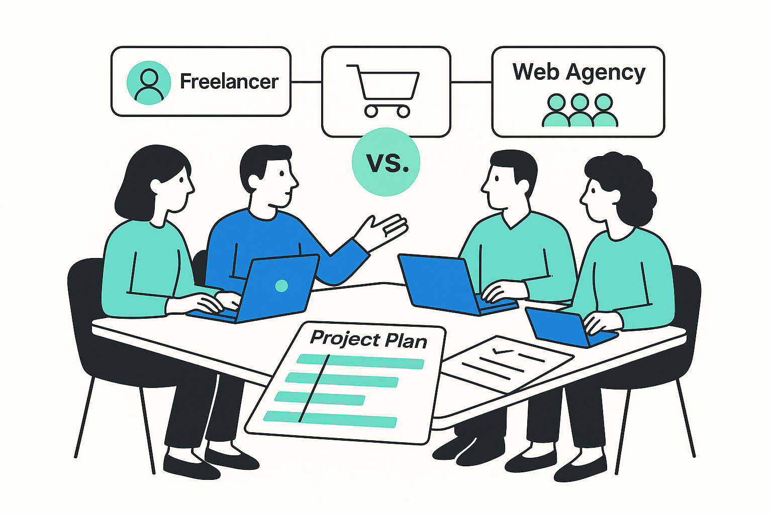 Webshopteam bespreekt de keuze tussen een freelancer en een webdevelopmentbureau