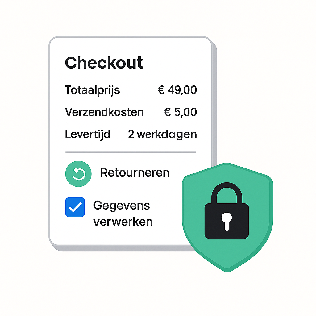 Overzichtelijke checkout met informatie over prijs, levering, retour en toestemming voor gegevensverwerking