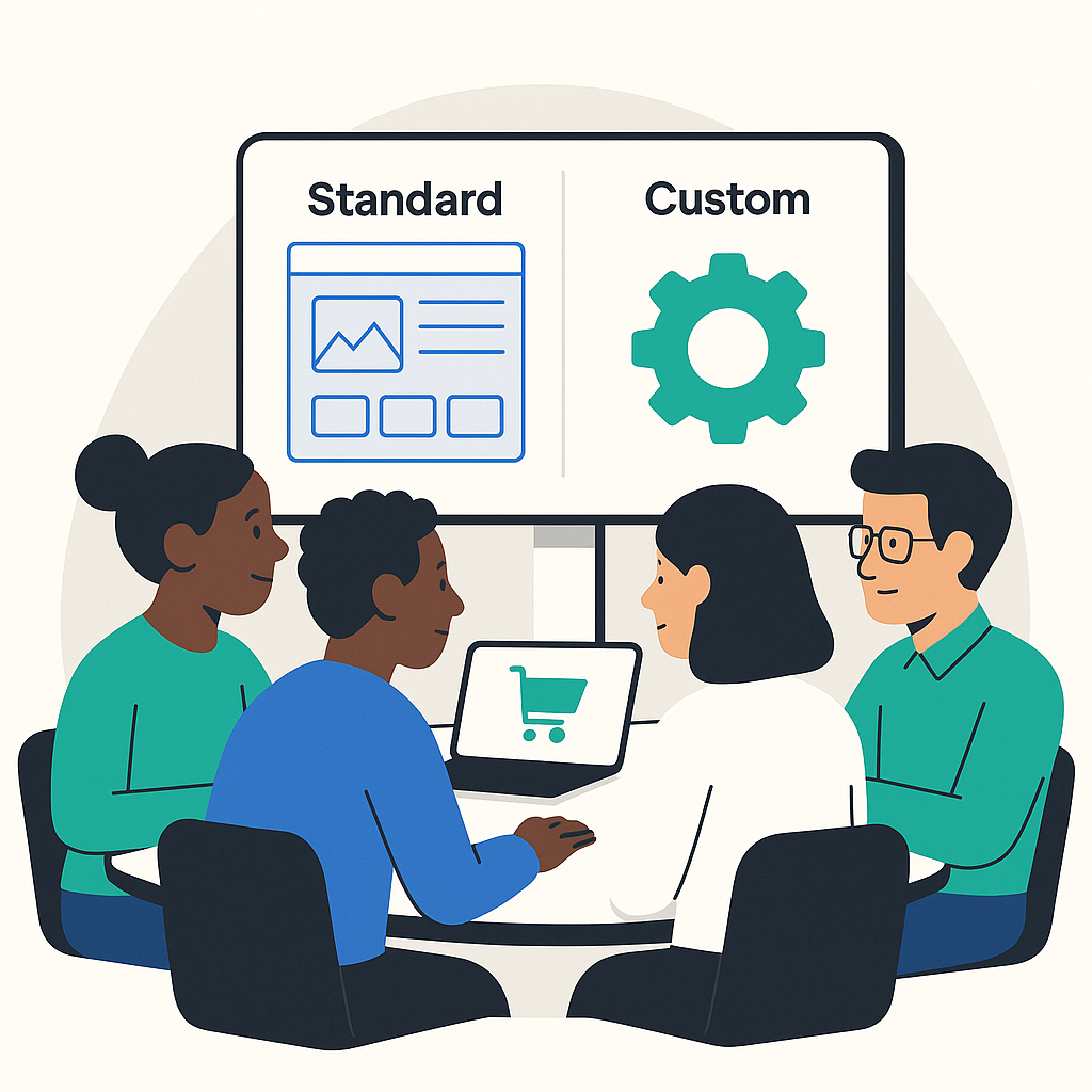 Een team bespreekt de keuze tussen een standaard webshopplatform en maatwerk op een groot scherm