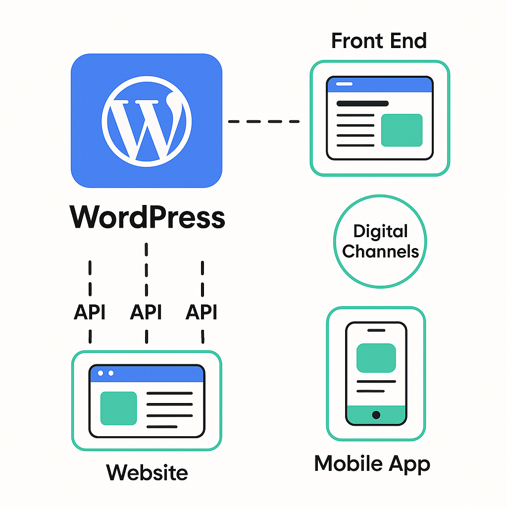 Schema van een headless WordPress website met WordPress als contentbron en een losse front-end voor meerdere kanalen
