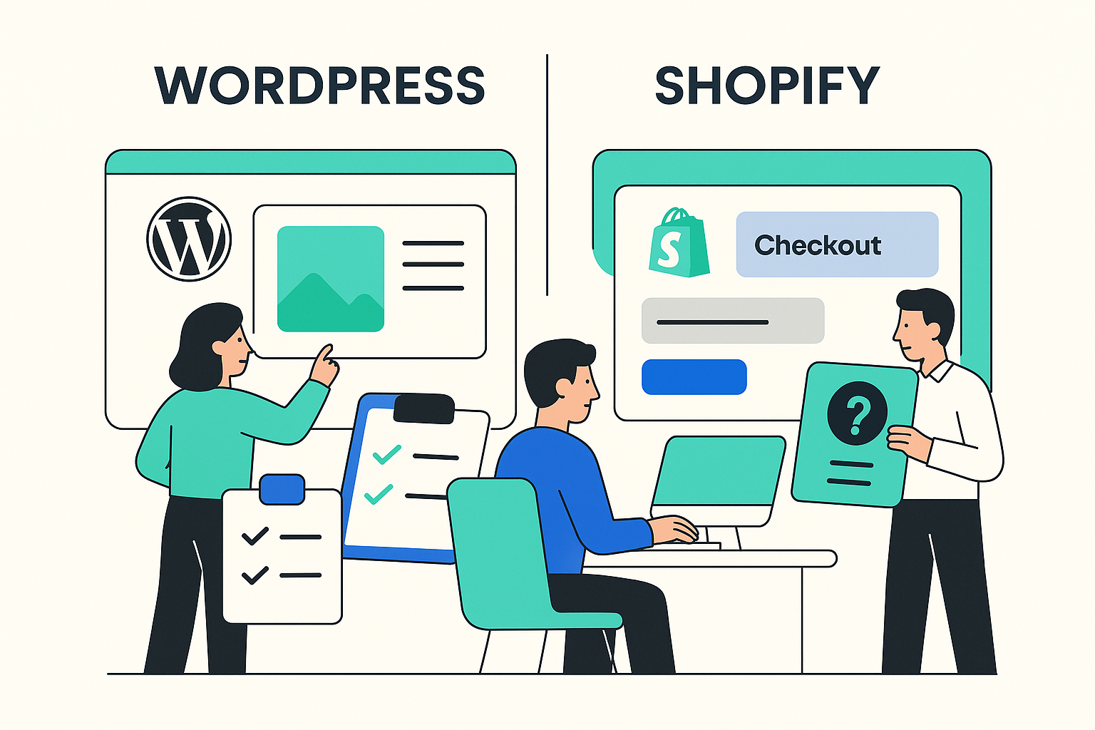 Vergelijking tussen WordPress en Shopify voor een e-commerce team dat keuzes maakt in content, checkout en beheer