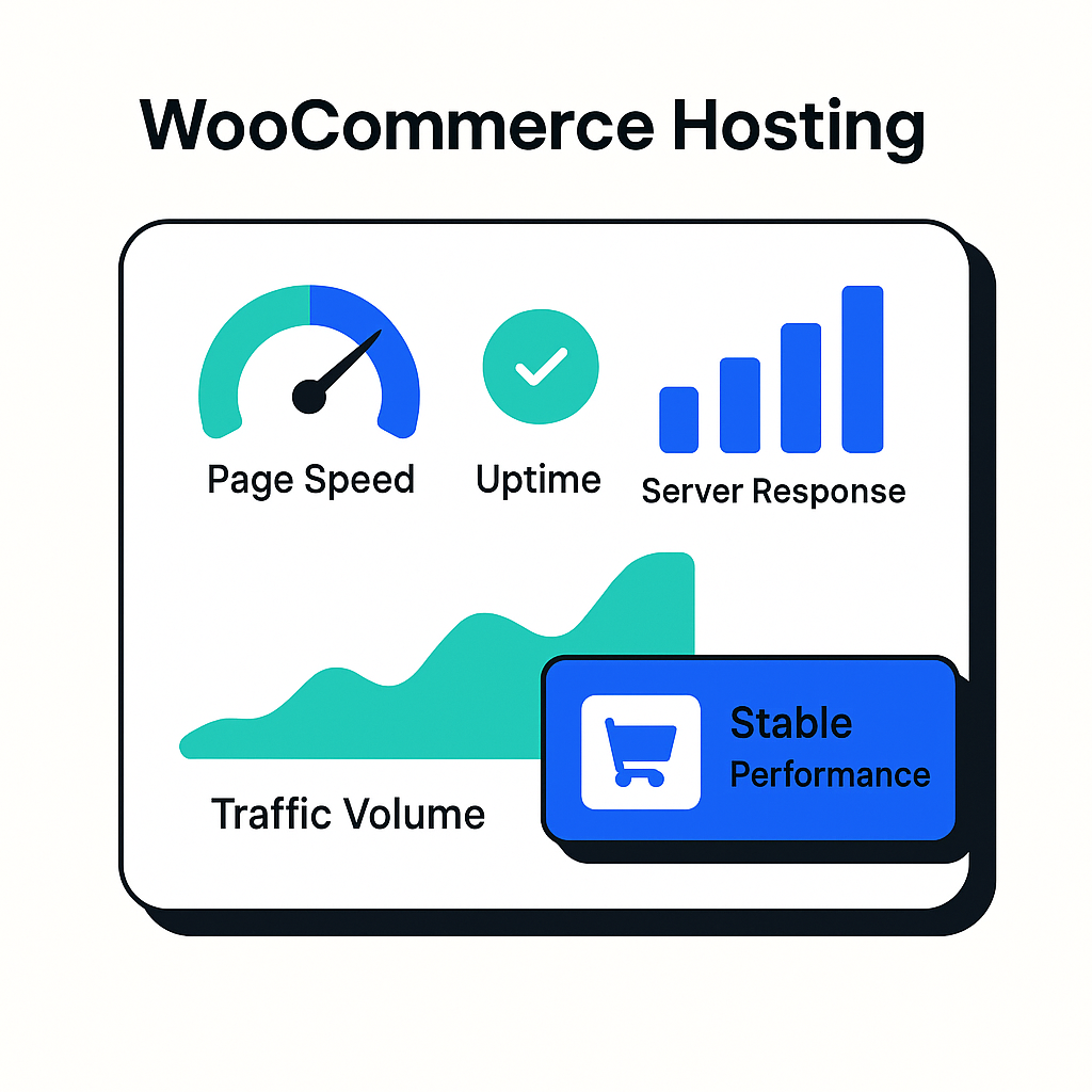 Dashboard van een WooCommerce webshop met focus op snelheid, uptime en hostingprestaties tijdens piekverkeer