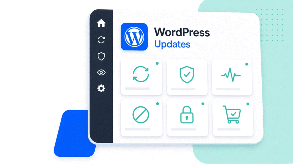Dashboard van WordPress-updates met iconen voor dagelijkse updates, beveiliging, monitoring, botblokkade, slot en webshop.